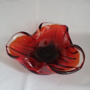 Vintage Murano Style Red & Clear Glass Candy Trinket Dish Ashtray